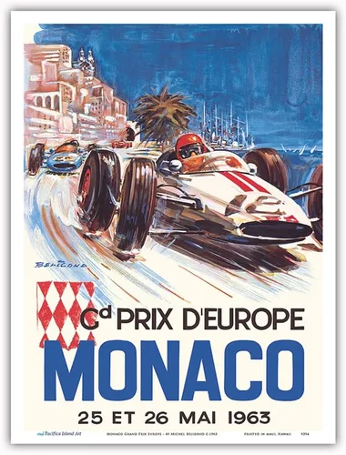 Miniatura 9 de Mónaco Grand Prix Europe (Gd Prix D'Europe) - Póster de carreras de coches vintage por Michel Beligond c.1963 - Impresión artística maestra