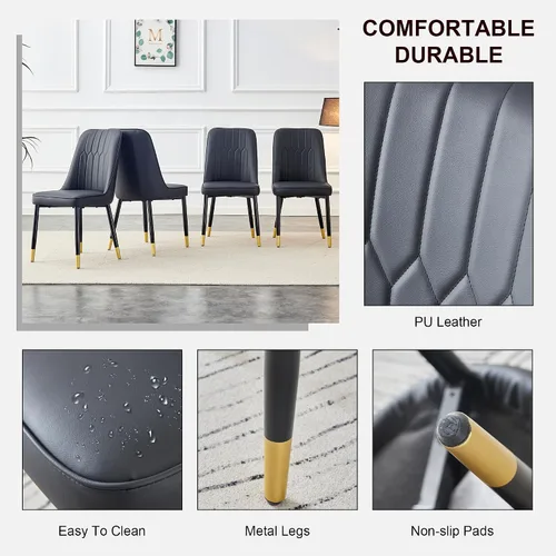 Miniatura 4 de Juego de 4 sillas de comedor modernas, juego de sillas de cocina de piel sintética, asiento tapizado acolchado grueso, sillas laterales negras sin