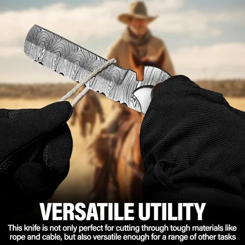 Miniatura 6 de 8" Cuchillo de corte de toro de Damasco hecho a mano con funda de cuero - Cuchillo de vaquero occidental para caza, despellejado, acampada y Verde