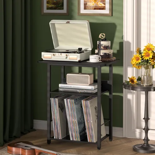 LELELINKY Soporte estrecho para tocadiscos negro, mesa de almacenamiento de discos de 23.62 pulgadas de ancho con almacenamiento para hasta 100