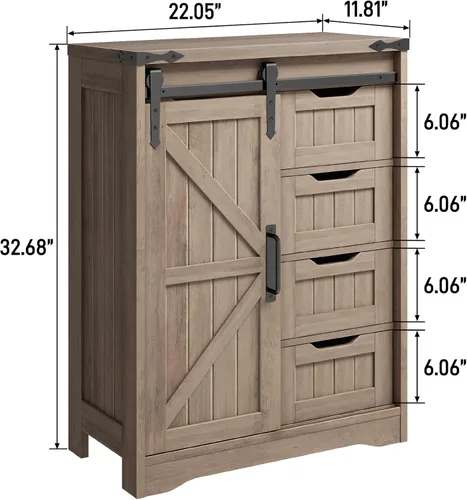 Miniatura 2 de Halitaa Armario de almacenamiento para baño de granja, armario de piso con 4 cajones, armario de baño con puerta corredera, organizador de Gris