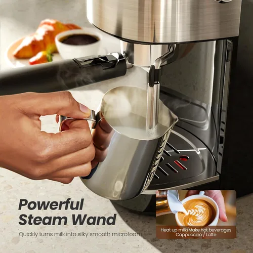 Miniatura 5 de Kismile Máquinas de espresso de 20 bares, máquinas de espresso semiautomáticas con espumador de leche, varita de vapor y cápsulas, fabricantes Negro