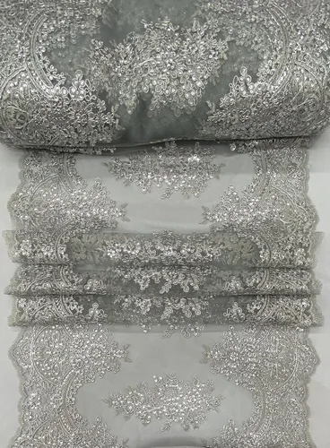 Miniatura 3 de Valentina Textile Inc Tela de encaje con lentejuelas con bordados en malla (1 yarda, Oro) VT-14 Dorado