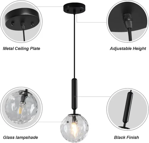 Miniatura 7 de Lámpara Colgante Negra Moderna Accesorio de Luz Colgante para Isla de Cocina de Mediados de Siglo con Lámpara Colgante de Globo Iluminación Colgante