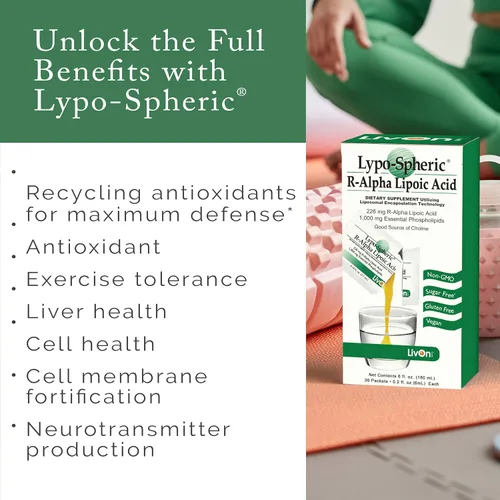 Miniatura 3 de LivOn Laboratories Ácido lipoesférico R-alfa lipoico - 30 paquetes - 226 mg por paquete - Liposoma encapsulado para una máxima biodisponibilidad