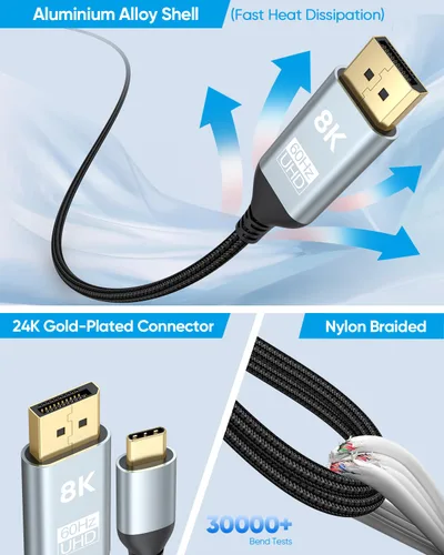Miniatura 5 de Cable USB C a DisplayPort 1.4 de 1 pie, 8K a 60 Hz, cable corto USBC a DisplayPort 1.4 4K a 240 Hz compatible con Thunderbolt 5/4/3, MacBook