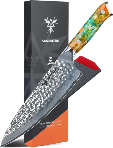 Miniatura 7 de Cuchillo Santoku de 7" - Cuchillo de chef japonés - Acero de Damasco martillado y mango de resina - Serie YAO