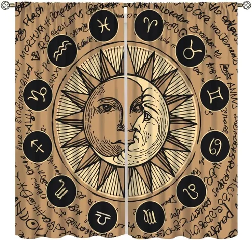 Cortinas vintage de sol y luna, estilo bohemio, constelación del zodiaco, retro, cósmico y celestial, tratamiento de ventana para dormitorio, sala