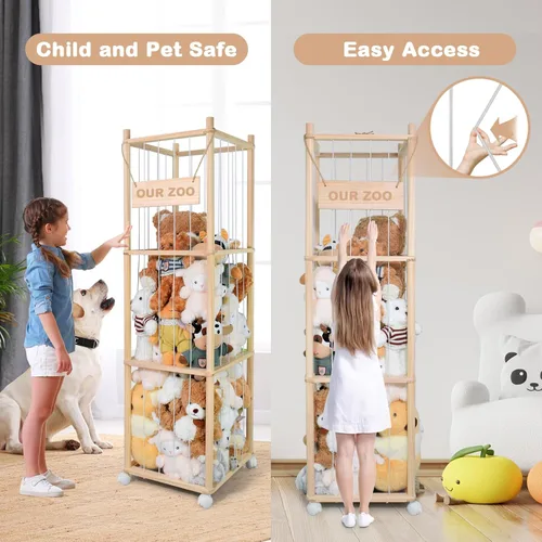 Miniatura 4 de Almacenamiento de animales de peluche, bonito soporte de madera para juguetes de zoológico con ruedas de freno, organizador de juguetes de ahorro