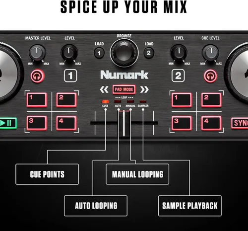 Miniatura 4 de Numark DJ2GO2 Touch - Controlador USB compacto de 2 platos para Serato DJ con mezclador/crossfader, interfaz de audio y rueda de selección