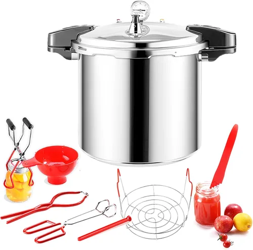 Miniatura 10 de olla de presión de 24 cuartos de galón y olla de presión para enlatado con manómetro, 14.5 PSI, práctico juego de iniciación de suministros