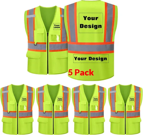 Miniatura 36 de Chaleco de seguridad personalizable con logotipo con 5 bolsillos y cremallera reflectante de alta visibilidad clase 2 ropa de trabajo al aire libre