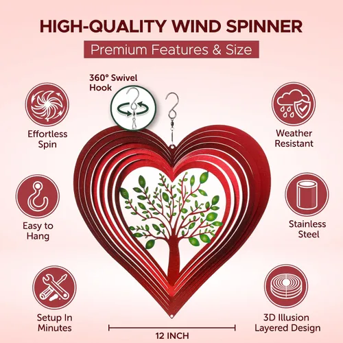 Miniatura 3 de Molinillos de viento de corazón para exteriores, regalos de cumpleaños para mujeres, mamá, abuela, esposa, 12 pulgadas, de acero inoxidable 3D