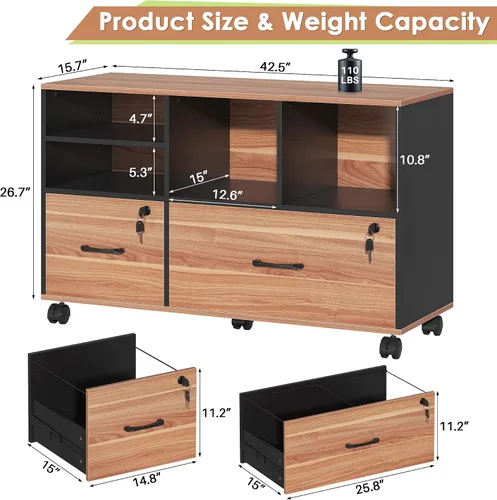 Miniatura 2 de Semoic Archivador de 2 cajones con cerradura, archivador lateral móvil para tamaño carta/legal/A4, estante ajustable de almacenamiento abierto