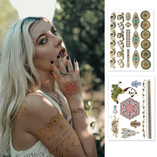 Miniatura 3 de 12 hojas de tatuajes temporales metálicos dorados destellantes para mujeres y niñas, impermeables, dorados y plateados, calcomanías de tatuaje