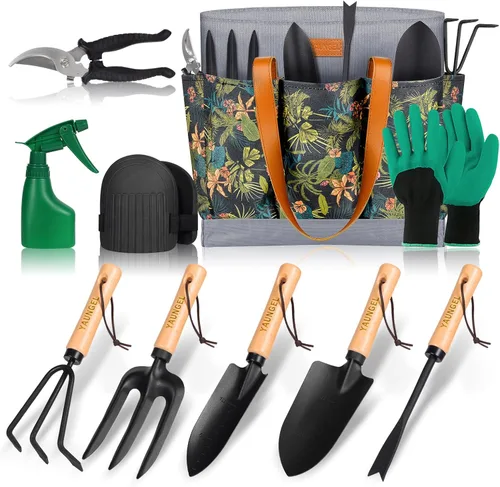 YAUNGEL Herramientas de jardín - Juego de 10 herramientas de jardín de acero inoxidable resistente, herramientas de mano con mango de madera, bolsa