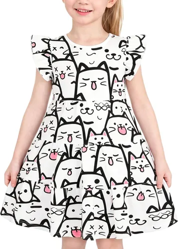 Miniatura 22 de Vestido casual para niñas, de algodón suave, manga corta, transpirable, acampanado, para adolescentes, talla 2T, 3T, 4T, 5, 6, 7, 8, 9, 10, 12, 13