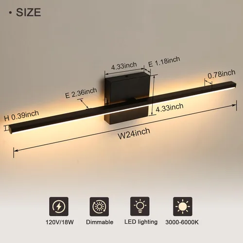 Miniatura 3 de Lámpara de tocador de baño moderna de 24 pulgadas, lámpara de baño negra de 18W sobre espejo, aplique de pared LED regulable de 5CCT para espejo