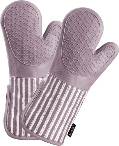 Alselo Guantes de horno de silicona resistentes al calor 932℉ con impermeables y antideslizamiento, juego de 2 guantes de horno extra largos con