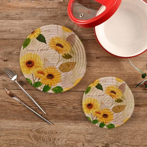 Miniatura 2 de Blueangle Juego de 2 agarraderas redondas tejidas de algodón trenzado de girasoles y girasoles amarillos, manteles de mesa para cocinar y hornear