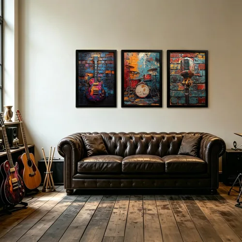 Miniatura 3 de NCCXNCC 3 piezas de arte de pared con marco negro con temática musical, lienzo, pintura, guitarra, tambor, micrófono, decoración de pared
