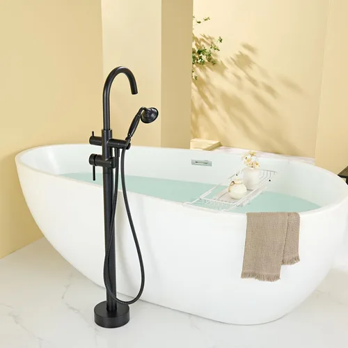 Miniatura 9 de Wowkk Llenador de bañera independiente grifo de bañera negro montado en el suelo grifos de bañera de baño de latón con ducha de mano