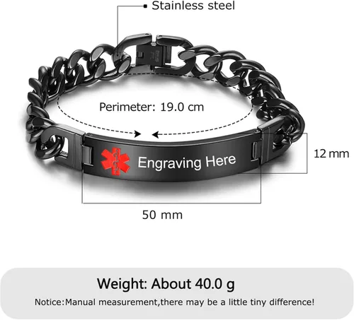 Miniatura 2 de Lam Hub Fong Pulsera de alerta médica de emergencia personalizada, grabado gratis, se envía al día siguiente, acero de titanio que no se deslustra