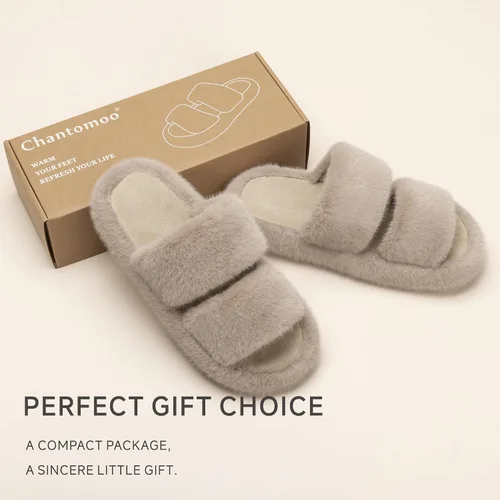 Miniatura 5 de Chantomoo Zapatos de casa de piel sintética para mujer, de espuma viscoelástica, peludos, cómodos, con dos bandas, para dormitorio, interiores