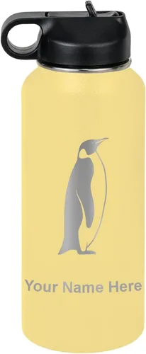 Miniatura 57 de LaserGram Botella de agua personalizada, pingüino, acero inoxidable de doble pared aislada al vacío con popote superior, regalo grabado