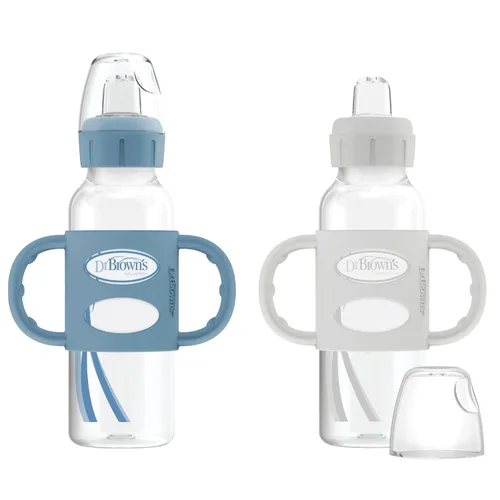 Dr. Brown's Milestones - Botella de boquilla estrecha con 100% silicona, asas de fácil agarre y boquilla suave para sorber, 8 onzas, azul claro y