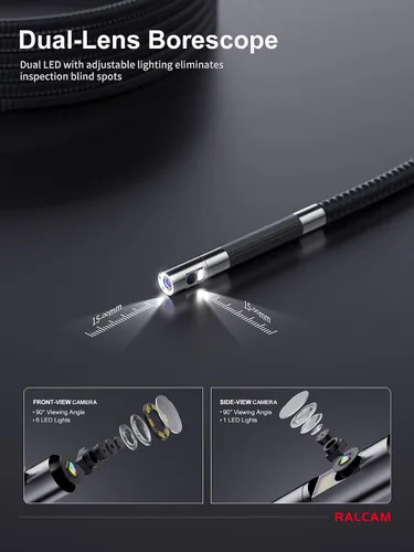 Miniatura 2 de Ralcam Boroscopio articulado de doble lente de 360°, cámara endoscopio HD de 4 vías de 5 pulgadas con zoom ligero 4X, cámara de inspección