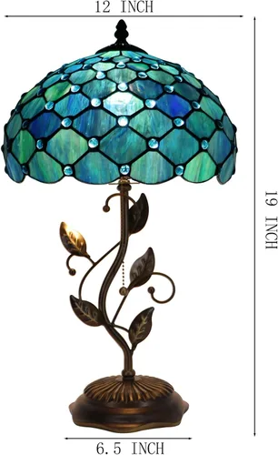 Miniatura 2 de Tiffany Table Lamp, Stained Glass Desk Light, W12H19 Inch, Metal Leaf Base (Sea Blue Pearl Style)