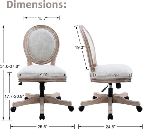 Miniatura 2 de LukeAlon Silla giratoria de lino vintage de 360°, silla de tareas de altura ajustable beige, marco de madera sin brazos, respaldo redondo y ruedas