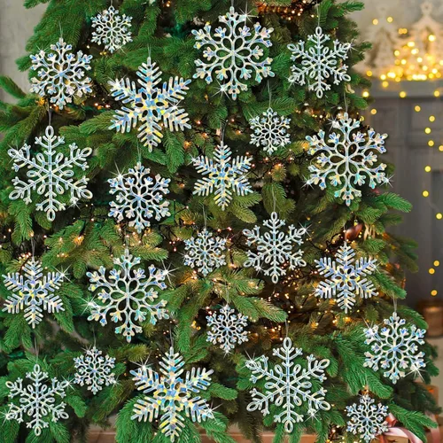 Miniatura 24 de Decoraciones para árbol de Navidad, adornos de copo de nieve, 36 piezas de copos de nieve colgantes de plástico con purpurina azul y plateado