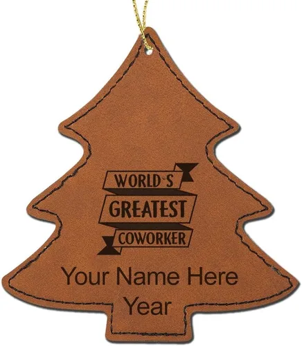 LaserGram Personalized Christmas Ornament, World's Greatest Coworker, Faux Leather, Custom Laser Engraved Gift Idea (Tree Shape, Dark Brown)