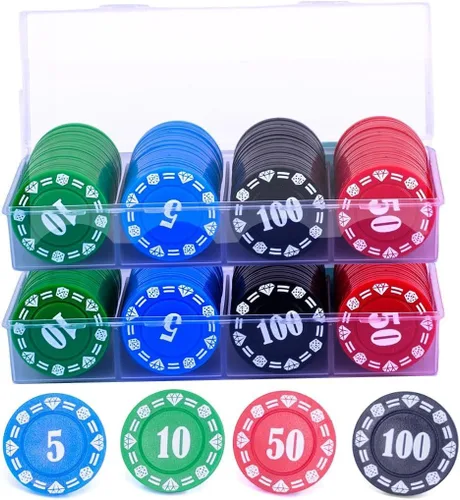 Miniatura 9 de Juego de 100 fichas de póquer de plástico con caja de almacenamiento, denominación impresa estilo casino chip para Texas Home Game Holdem Poker
