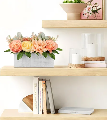 Miniatura 4 de DILATATA Arreglo floral con jarrón de madera, flores artificiales de 10 pulgadas en maceta, flores falsas en jarrón rectangular de madera blanco