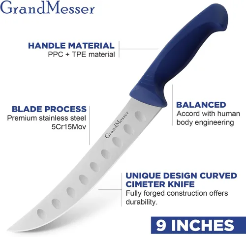 Miniatura 2 de Cuchillo de carnicero para cortar carne, cuchillo curvo con mango cómodo de 9 pulgadas, hoja de acero inoxidable alemán de alto carbono, cuchillo