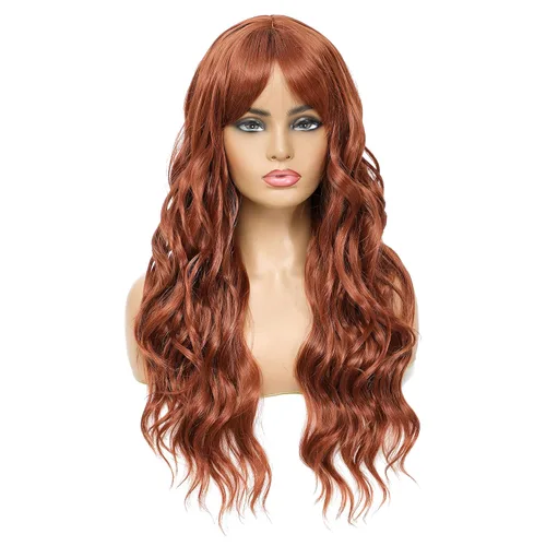 Miniatura 12 de SWACC Peluca larga y rizada ondulada con flequillo peluca de pelo sintético para mujeres con gorra de peluca (negro)