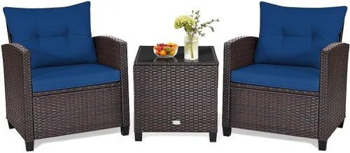 Miniatura 16 de HAPPYGRILL Juego de conversación para patio de 3 piezas, juego de muebles de exterior de sofá de ratán PE con cojines removibles, sillas de mimbre