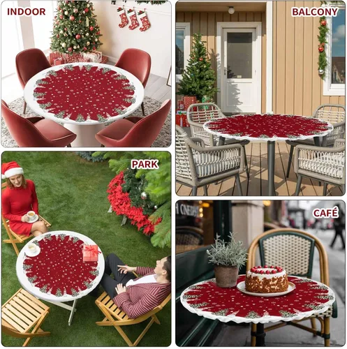 Miniatura 7 de Mantel redondo de Navidad de 55 a 60 pulgadas, impermeable, reutilizable, mantel elástico redondo ajustable para fiestas al aire libre, copo