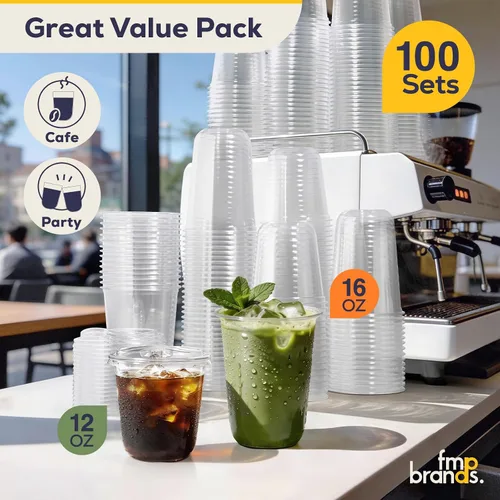 Miniatura 7 de Fit Meal Prep Paquete de 100 vasos de plástico transparente de fondo redondo de 12 onzas con tapas sin popote, tazas de café helado desechables