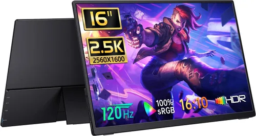 Monitor portátil para juegos 2.5K 120Hz, 16" 2560x1600 QHD 16:10 400 Nits HDR FreeSync Monitor portátil con funda para altavoz, pantalla externa
