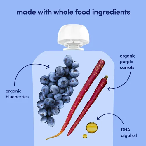 Miniatura 7 de Cerebelly Bolsas de comida orgánica para bebés, batidos de zanahoria morada y arándanos sin lácteos, 16 nutrientes, sin azúcar añadido, fibra y sin