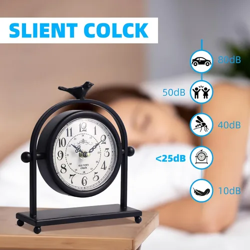 Miniatura 5 de Reloj de mesa silencioso a pilas de metal negro analógico con pájaro, pequeño reloj de mesa para decoración de granja, estante de chimenea, hogar