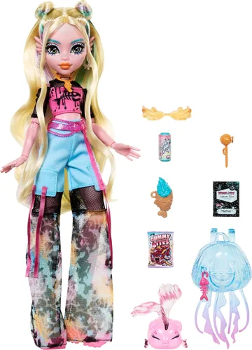 Miniatura 4 de Monster High Muñeca Lagoona Blue en camiseta de malla y pantalones cargo, incluye pez mascota Neptuna y accesorios como una mochila, un refrigerio