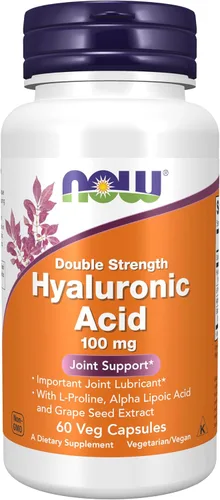 NOW Foods Suplementos, Ácido Hialurónico 100 mg, Doble Fuerza con L-Prolina, Ácido Alfa Lipoico y Extracto de Semilla de Uva, 60 Cápsulas Vegetales