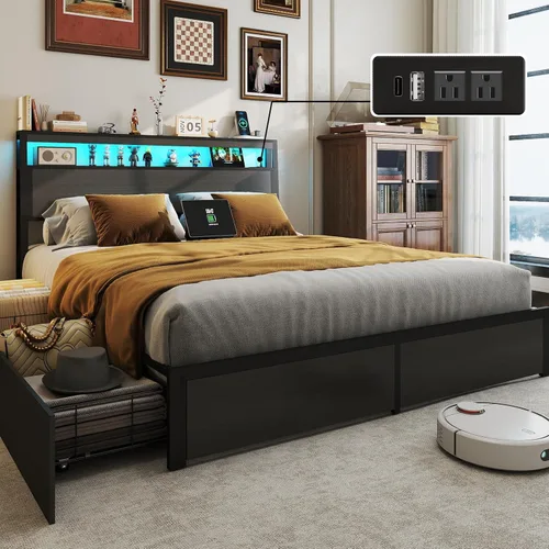 Miniatura 9 de Full Bed Frame with 2-Tier Storage Headboard and 4 Drawers, Metal Platform Bed Frame with LED & Charging Station, No Box Spring Needed/Noise