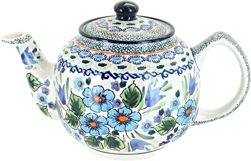 Cerámica polaca Blue Rose - Tetera mediana Ballina azul - Capacidad de 4 tazas - Servidor de café y té de cerámica polaca pintado a mano