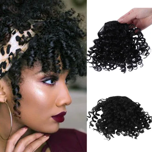 Miniatura 4 de Extensión de cola de caballo con cordón corto negro Afro Puff Kinky Curly Bangs Clip corto para mujeres peluca pieza